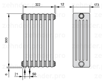 Схема (чертеж) Радиатор Zehnder Charleston 5090/7 №3370 Белый глянцевый RAL 9016